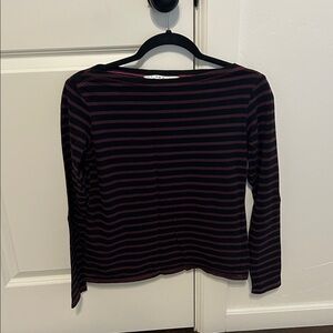 Trina Turk Striped T Shirt Top Long Sleeve Boat Neck Black Purple Plum XS
